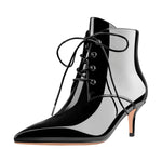 Load image into Gallery viewer, Patent Leather Pointed Toe Lace-up Kitten Low Heel Booties
