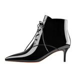 Load image into Gallery viewer, Patent Leather Pointed Toe Lace-up Kitten Low Heel Booties
