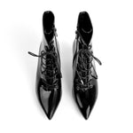 Load image into Gallery viewer, Kitten Low Heel Pointed Toe Lace Up Patent Black Leather Ankle Boots
