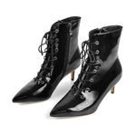 Load image into Gallery viewer, Kitten Low Heel Pointed Toe Lace Up Patent Black Leather Ankle Boots
