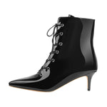 Load image into Gallery viewer, Kitten Low Heel Pointed Toe Lace Up Patent Black Leather Ankle Boots
