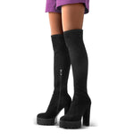 Load image into Gallery viewer, Platform Chunky Heels Round Toe Black Suede Over The Knee Boots
