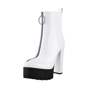 Round Toe Black Patent Leather Platform Chunky High Heel Ankle Boots