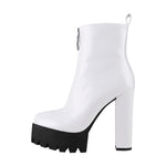 Load image into Gallery viewer, Round Toe Black Patent Leather Platform Chunky High Heel Ankle Boots
