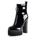 Load image into Gallery viewer, Round Toe Black Patent Leather Platform Chunky High Heel Ankle Boots
