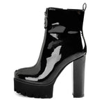 Load image into Gallery viewer, Round Toe Black Patent Leather Platform Chunky High Heel Ankle Boots
