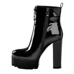 Load image into Gallery viewer, Round Toe Black Patent Leather Platform Chunky High Heel Ankle Boots
