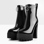 Load image into Gallery viewer, Round Toe Black Patent Leather Platform Chunky High Heel Ankle Boots
