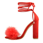 Load image into Gallery viewer, Round Toe Feather Lace-up Suede Chunky Heel Sandals
