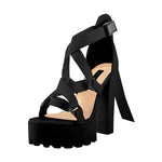 Load image into Gallery viewer, Open Toe Black Cross Strap Platform Block Heel Sandals
