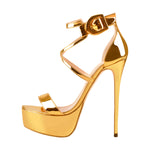 Load image into Gallery viewer, Gold Patent Leather Platform Stiletto Crisscross Ankle Strap Sandals
