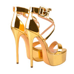 Load image into Gallery viewer, Gold Patent Leather Platform Stiletto Crisscross Ankle Strap Sandals
