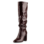 Load image into Gallery viewer, Round Toe Crinkle Knee High Chunky Heels Boots
