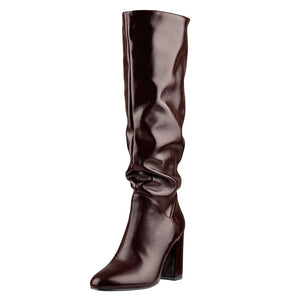 Round Toe Crinkle Knee High Chunky Heels Boots