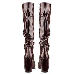 Round Toe Crinkle Knee High Chunky Heels Boots