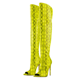 Open Toe Snake Fluorescent Color Stiletto High Heel Over The Knee Boots