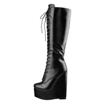 Load image into Gallery viewer, Round Toe Wedge Heel Lace Up Zip Knee High Boots
