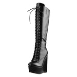 Load image into Gallery viewer, Round Toe Wedge Heel Lace Up Zip Knee High Boots
