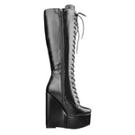 Load image into Gallery viewer, Round Toe Wedge Heel Lace Up Zip Knee High Boots
