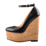 Load image into Gallery viewer, Wood Grain Platform Wedges Round Toe Buckle Strap Pumps
