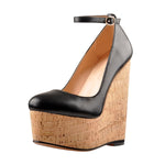 Load image into Gallery viewer, Wood Grain Platform Wedges Round Toe Buckle Strap Pumps
