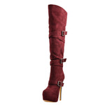 Load image into Gallery viewer, Burgundy Suede Platform Buckle Stiletto Over The Knee High Boots
