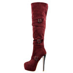 Load image into Gallery viewer, Burgundy Suede Platform Buckle Stiletto Over The Knee High Boots
