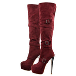 Load image into Gallery viewer, Burgundy Suede Platform Buckle Stiletto Over The Knee High Boots
