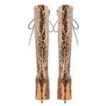 Load image into Gallery viewer, Lace up Leopard Pointed Toe Knee High Boots
