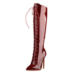 Load image into Gallery viewer, Red Patent Leather Lace Up Pointed Toe Knee High Boots
