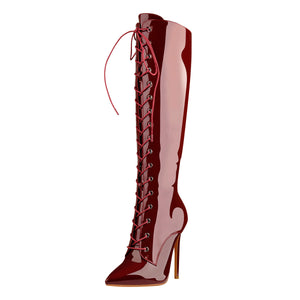 Red Patent Leather Lace Up Pointed Toe Knee High Boots