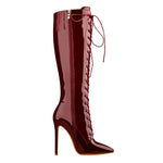 Load image into Gallery viewer, Red Patent Leather Lace Up Pointed Toe Knee High Boots
