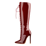 Load image into Gallery viewer, Red Patent Leather Lace Up Pointed Toe Knee High Boots
