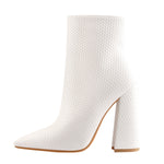 Load image into Gallery viewer, White Woven Pattern Back Zipper Squre Chunky Heel Ankle Boots
