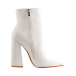 Load image into Gallery viewer, White Woven Pattern Back Zipper Squre Chunky Heel Ankle Boots
