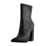 Load image into Gallery viewer, Pointed Toe Glitter Stretch Chunky Block High Heels Ankle Booties
