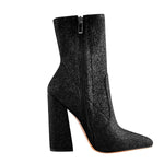 Load image into Gallery viewer, Pointed Toe Glitter Stretch Chunky Block High Heels Ankle Booties
