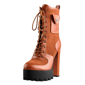 Platform Lace Up Chunky Heel Combat Mid Calf Pocket Fashion Boots