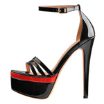 Load image into Gallery viewer, Patent Leather Round Toe Black Red Double Platform High Heel Ankle Buckle Strap Sandals
