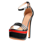 Load image into Gallery viewer, Patent Leather Round Toe Black Red Double Platform High Heel Ankle Buckle Strap Sandals
