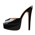 Load image into Gallery viewer, Peep Toe Black Patent Leather Stiletto High Heel Mules Sandals
