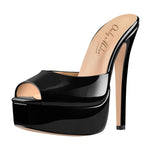 Load image into Gallery viewer, Peep Toe Black Patent Leather Stiletto High Heel Mules Sandals
