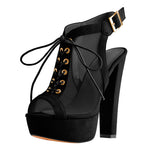 Load image into Gallery viewer, Platform Lace up Slingback Chunky Heel Ankle Buckle Mesh Sandals
