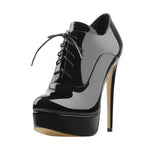 Load image into Gallery viewer, Platform Lace Up Stiletto High Heels Black Patent Leather Ankle Bootie
