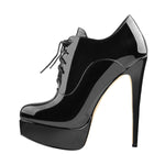 Load image into Gallery viewer, Platform Lace Up Stiletto High Heels Black Patent Leather Ankle Bootie
