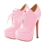 Load image into Gallery viewer, Pink Platform Lace-up Stiletto Ankle Boots
