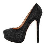 Load image into Gallery viewer, Black Platform Glitter Round Toe Stilettos Pumps
