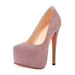 Load image into Gallery viewer, Pink Platform Glitter Round Toe Stilettos Pumps
