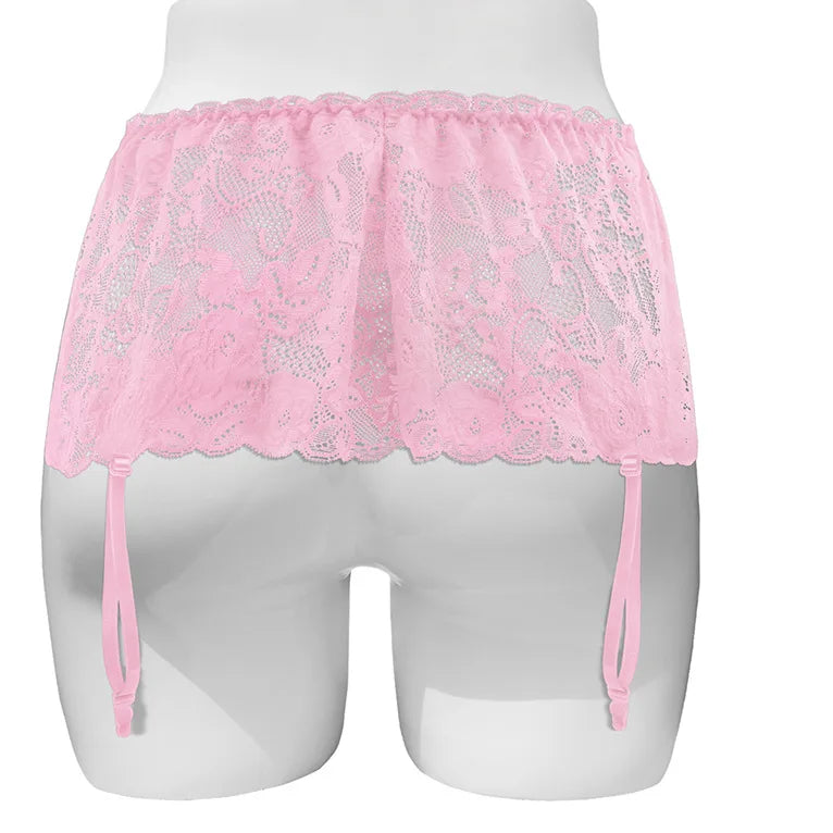 Sissy Skirted Lace Panties with Garter Belt — Sheer Mesh Femboy Bikini Underwear