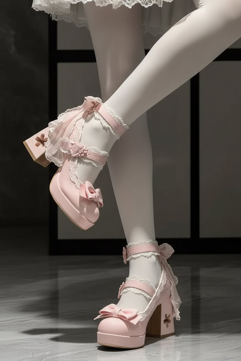 Sissy Mary Janes — Lolita Bow Pumps in Blush & Beige